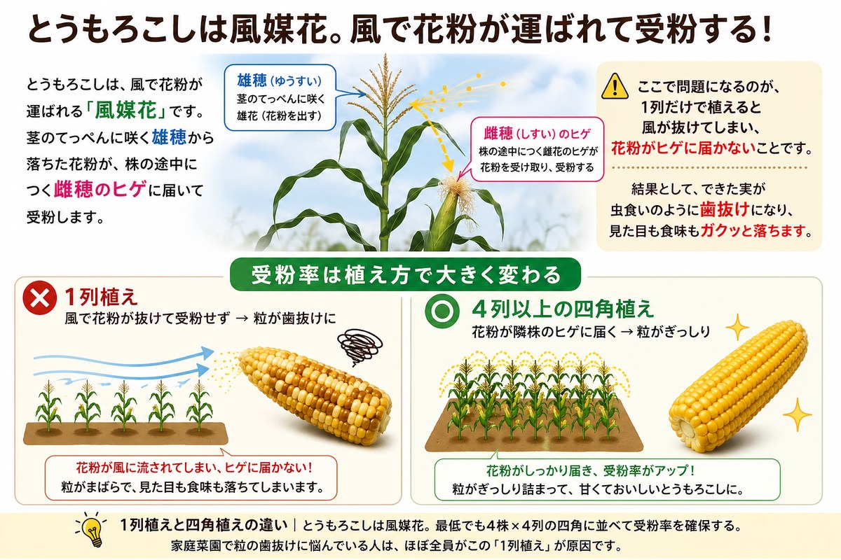 とうもろこしの受粉のしくみと、1列植えと4列以上の四角植えの結果の違いを示す図解