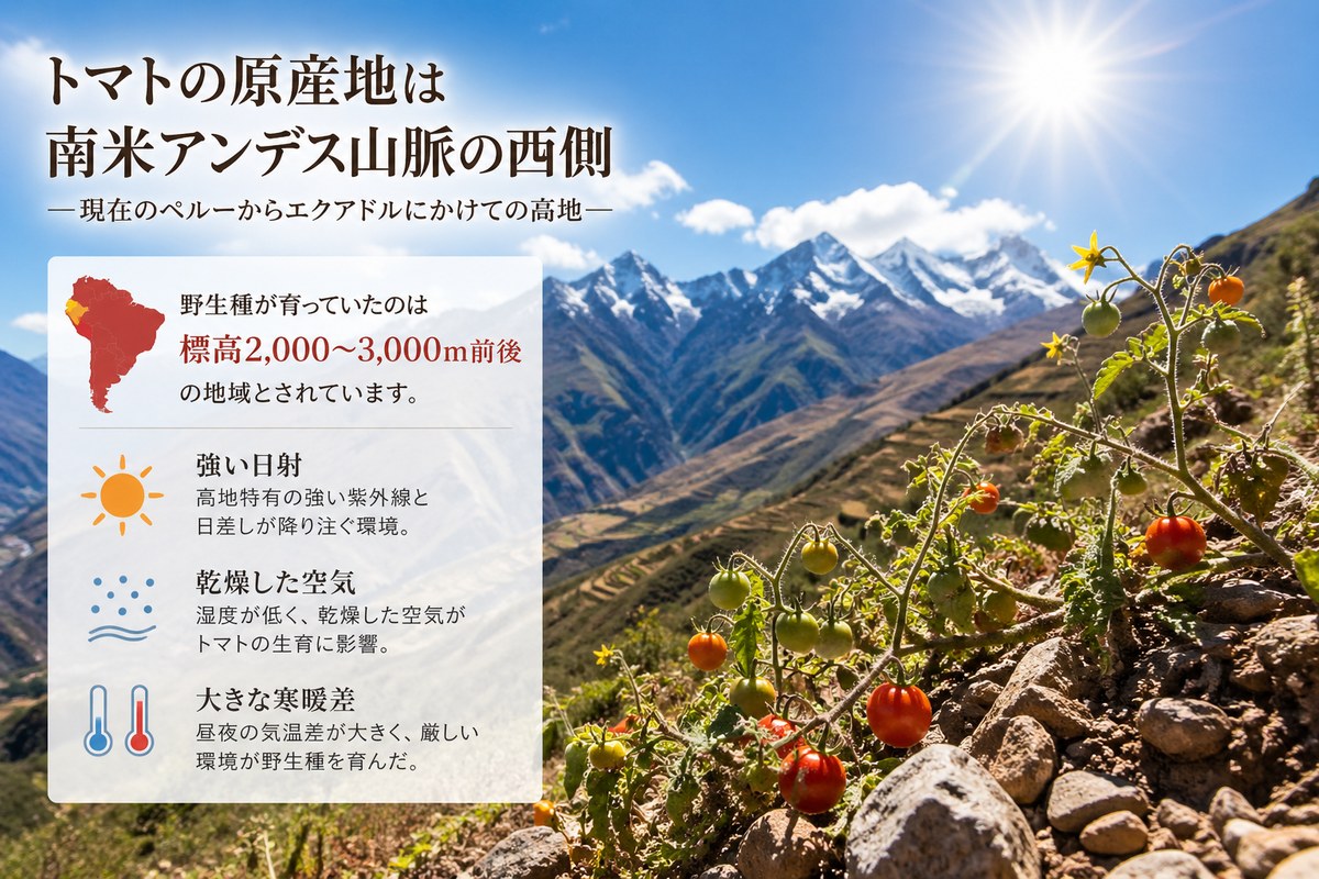 トマトの原産地である南米アンデス高地（標高2000〜3000m）と山形・庄内（日本海側）の気候を比較した図解。アンデスは年中乾いた強い日差し、寒暖差が大きい、湿度30〜60%、雨は決まった季節にまとまって降る。庄内は梅雨と秋雨で長雨、夏は30℃超で多湿、冬は雪、風が強い