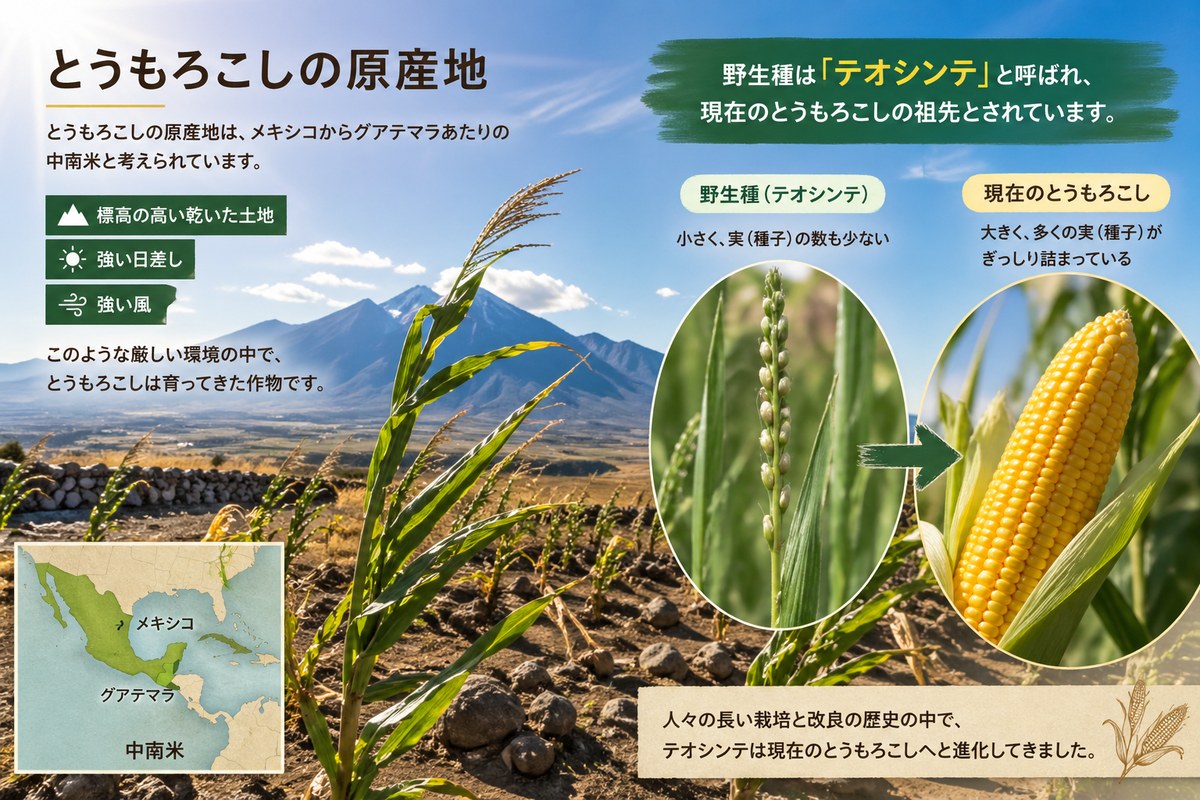 とうもろこしの原産地である中南米（メキシコからグアテマラ）の景観と、野生種テオシンテから現在のとうもろこしへの進化を示す図解
