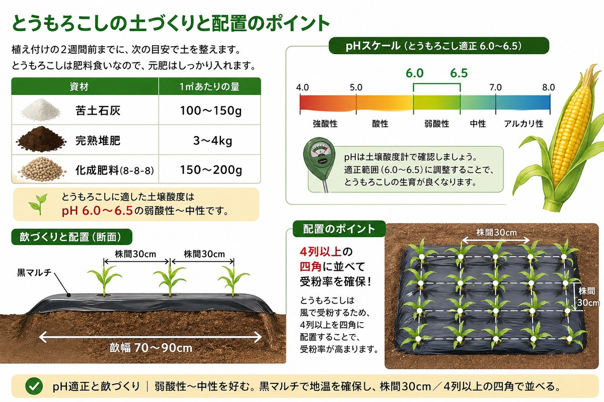 とうもろこしの土づくり（苦土石灰・完熟堆肥・化成肥料の量）と pH 6.0〜6.5 の適正範囲、畝幅70〜90cm/株間30cm/4列以上の四角配置を示す図解