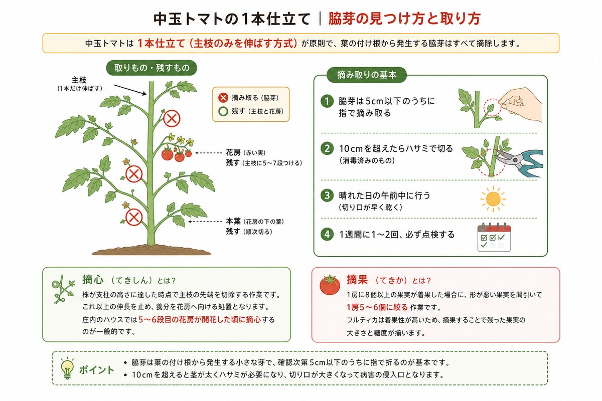 中玉トマトの1本仕立て図解。主枝1本のみを伸ばし、脇芽はすべて摘除する。摘み取りは5cm以下で指折り、10cmを超えたらハサミで切除、晴れた日の午前中に行う、1週間に1〜2回点検の4点を提示。あわせて摘心と摘果の意味とポイントを記載