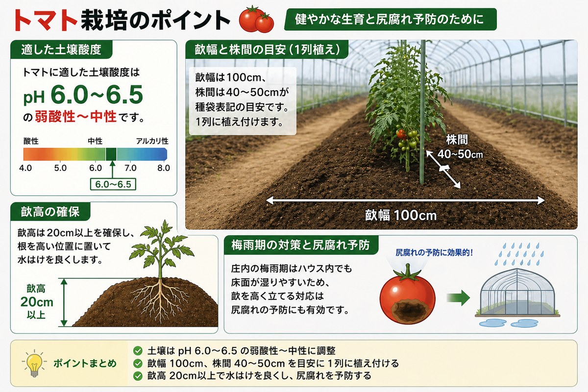 トマト栽培の土づくりのポイント図解。適した土壌酸度はpH 6.0〜6.5の弱酸性〜中性。畝幅100cm・株間40〜50cmで1列に植え付け。畝高は20cm以上を確保し、根を高い位置に置いて水はけを良くする。庄内の梅雨期はハウス内でも床面が湿りやすいため、畝を高く立てる対応は尻腐れの予防にも有効