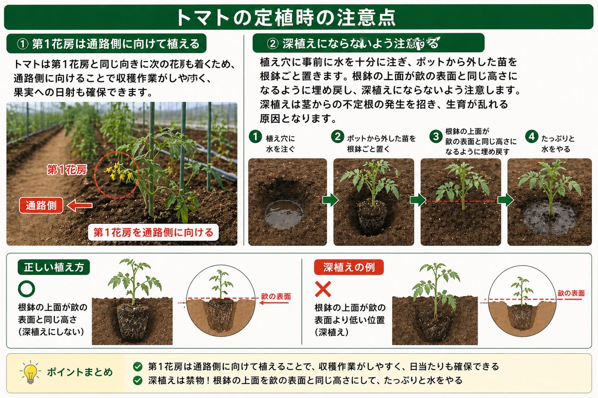 トマトの定植時の2つの注意点。①第1花房は通路側に向けて植える。第1花房と同じ向きに次の花房も着くため、通路側に向けることで収穫作業がしやすく、果実への日射も確保できる。②深植えにならないよう注意する。植え穴に水を十分に注ぎ、ポットから外した苗を根鉢ごと置き、根鉢の上面が畝の表面と同じ高さになるように埋め戻す。深植えは茎からの不定根の発生を招き生育が乱れる