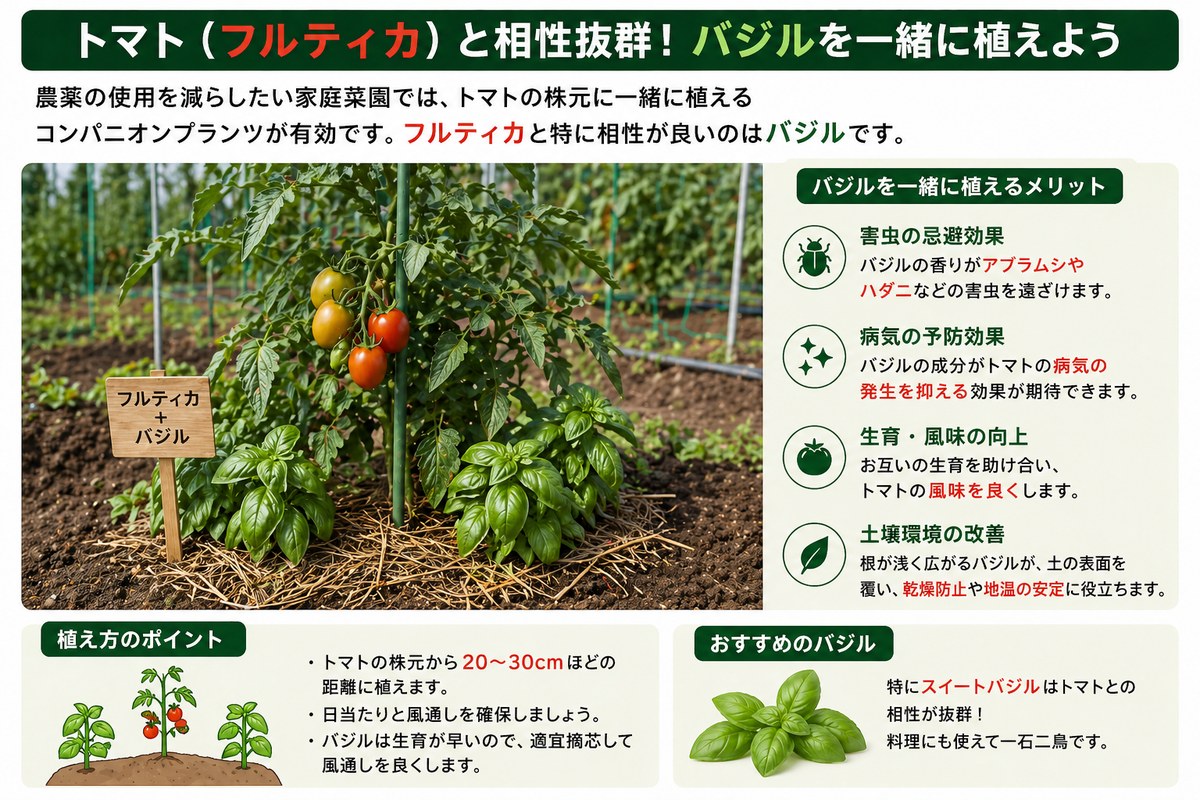 トマト（フルティカ）と相性が良いコンパニオンプランツとしてバジルを一緒に植えるメリットの図解。害虫の忌避効果（アブラムシ・ハダニを遠ざける）、病気の予防効果、生育・風味の向上（互いの生育を助け合う）、土壌環境の改善（根が浅く広がるバジルが土の表面を覆い乾燥防止と地温の安定）。植え方はトマトの株元から20〜30cmほどの距離、日当たりと風通しを確保し、バジルは生育が早いので適度に摘芯して風通しを良くする