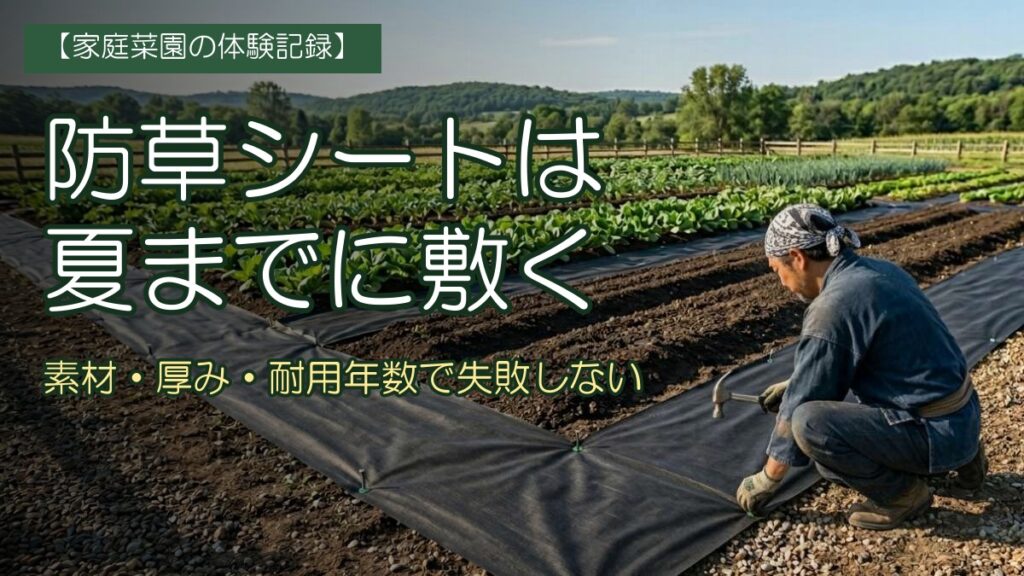 畑で防草シートをUピンで固定する農夫。手前に黒い不織布シートが斜めに広がり、奥にレタスや葉物の畝、遠景に山並み
