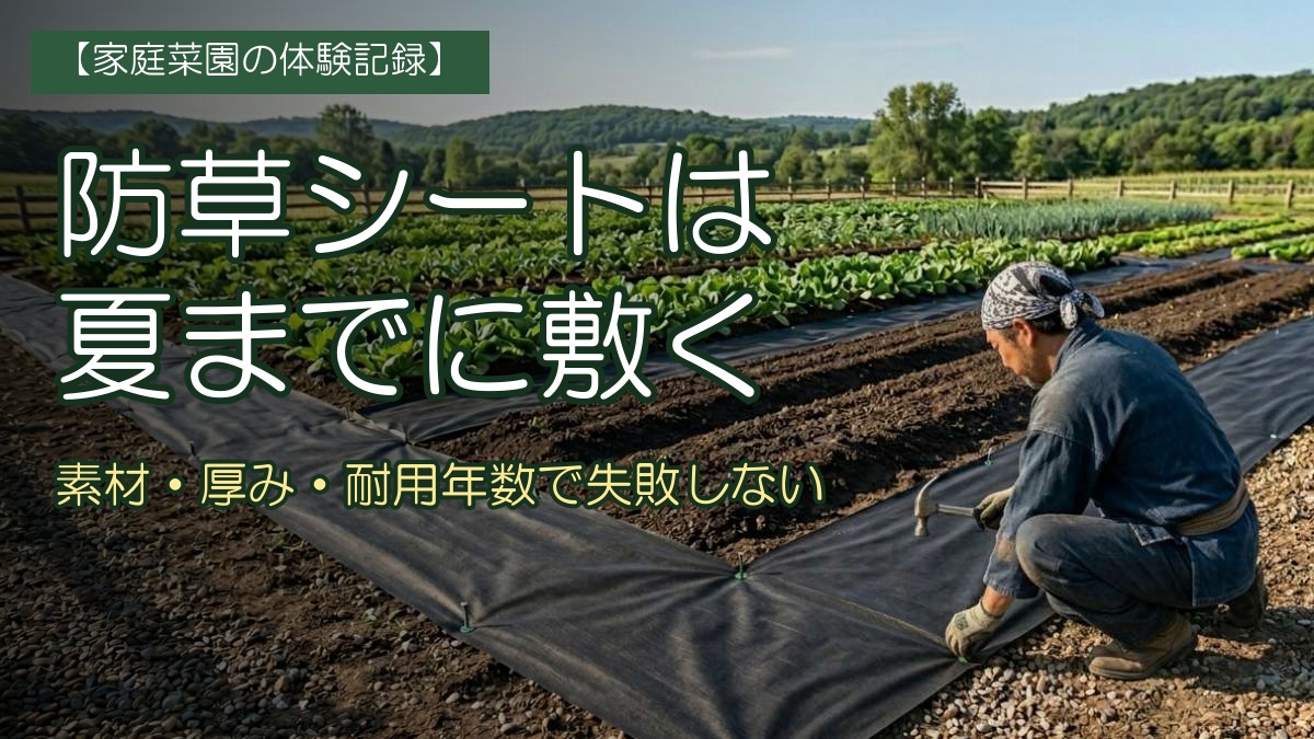 畑で防草シートをUピンで固定する農夫。手前に黒い不織布シートが斜めに広がり、奥にレタスや葉物の畝、遠景に山並み