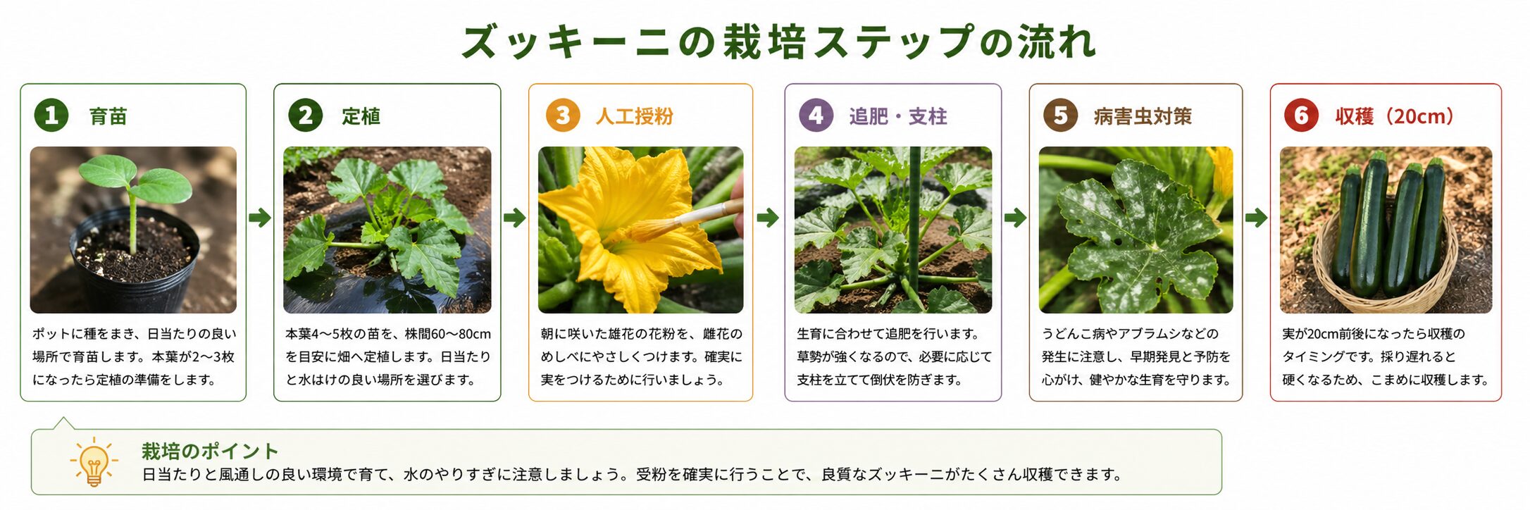 ズッキーニの栽培ステップの流れ。①育苗→②定植→③人工授粉→④追肥・支柱→⑤病害虫対策→⑥収穫（20cm）の6段階を実物写真で並べ、各段階のポイントと「日当たりと風通しの良い環境で育て、水のやりすぎに注意」という栽培のポイントもまとめた解説図。