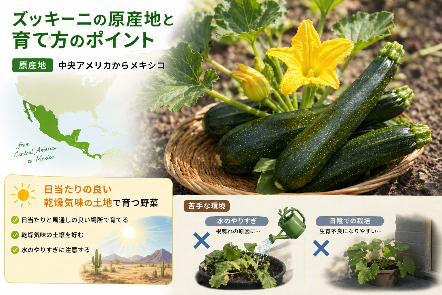 ズッキーニの原産地は中央アメリカからメキシコ。日当たりの良い乾燥気味の土地で育つ野菜で、水のやりすぎや日陰での栽培は苦手という栽培ポイントを地図とズッキーニの実物写真でまとめた図。