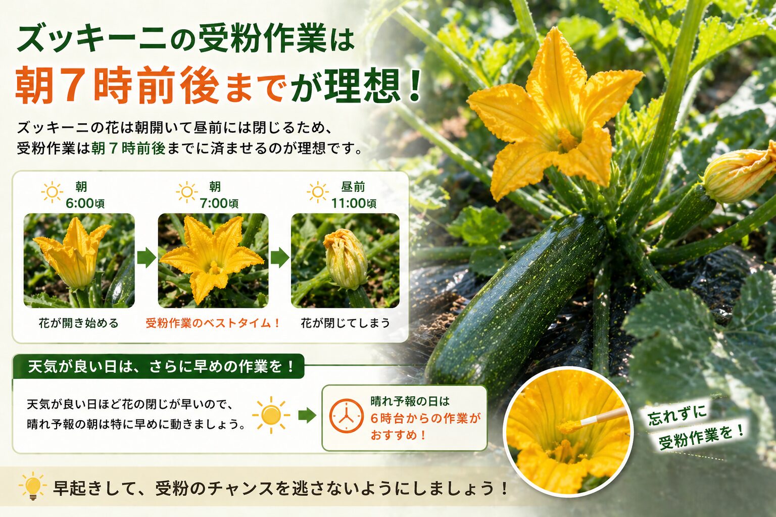 ズッキーニの受粉作業に最適な時間帯。6時頃に花が開き始め、7時頃が受粉作業のベストタイム、11時頃には花が閉じる。晴れ予報の日は6時台からの作業がおすすめ、という時間帯ガイドを写真と図でまとめた解説図。