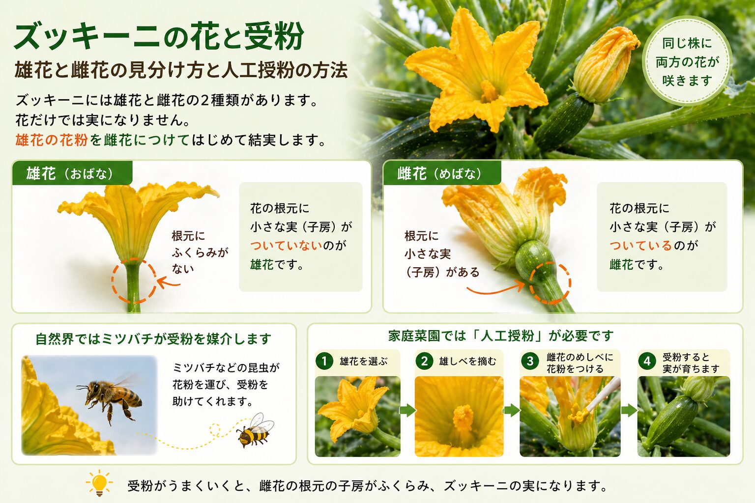 ズッキーニの雄花と雌花の見分け方、自然界のミツバチによる受粉、家庭菜園での人工授粉の4ステップ（雄花を選ぶ→雄しべを摘む→雌花のしべに花粉をつける→受粉すると実が育つ）を実物写真と図でまとめた解説図。