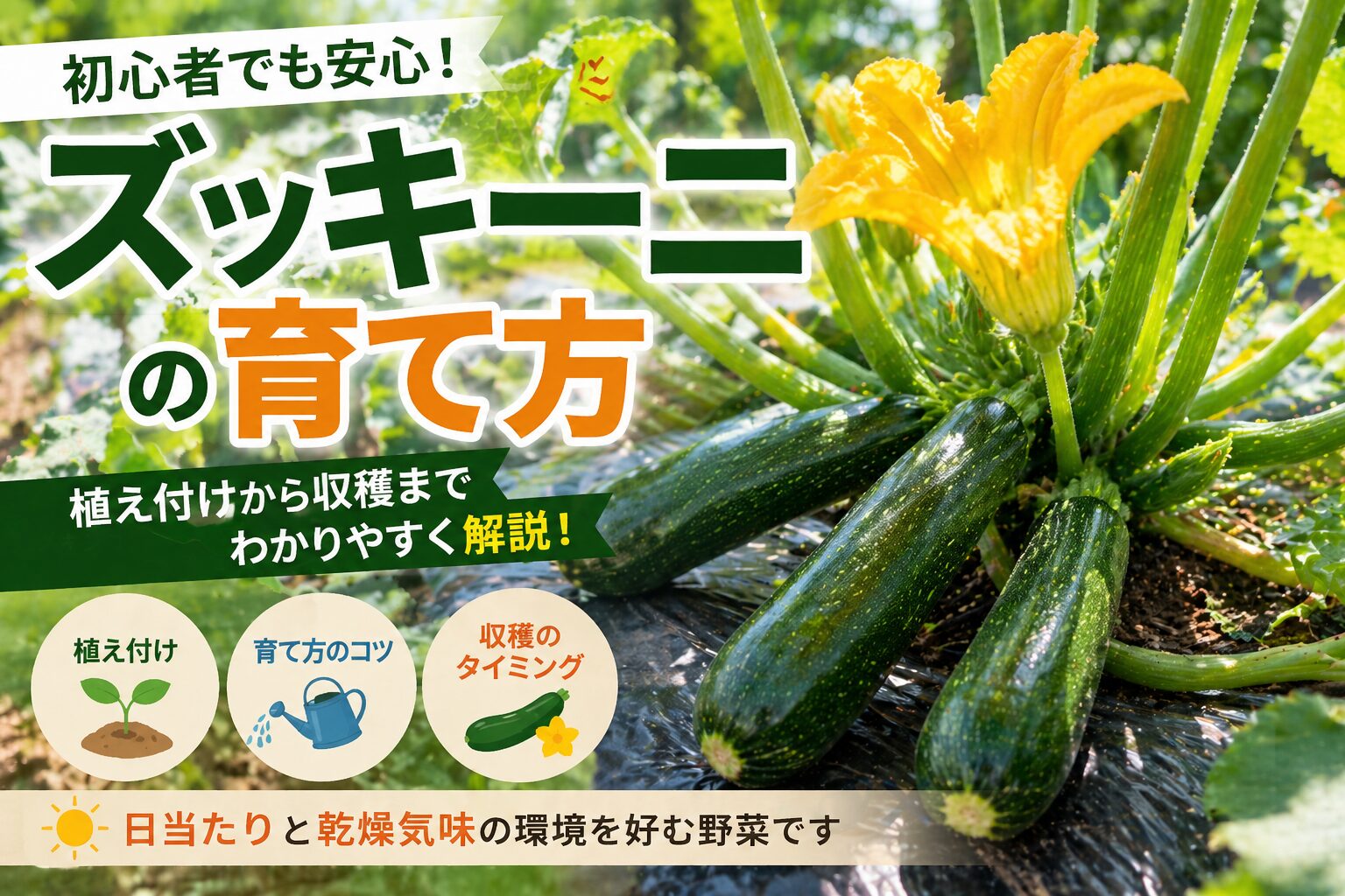 初心者でも安心！ズッキーニの育て方。植え付け・育て方のコツ・収穫のタイミングを紹介するアイキャッチ画像。日当たりと乾燥気味の環境を好む野菜。