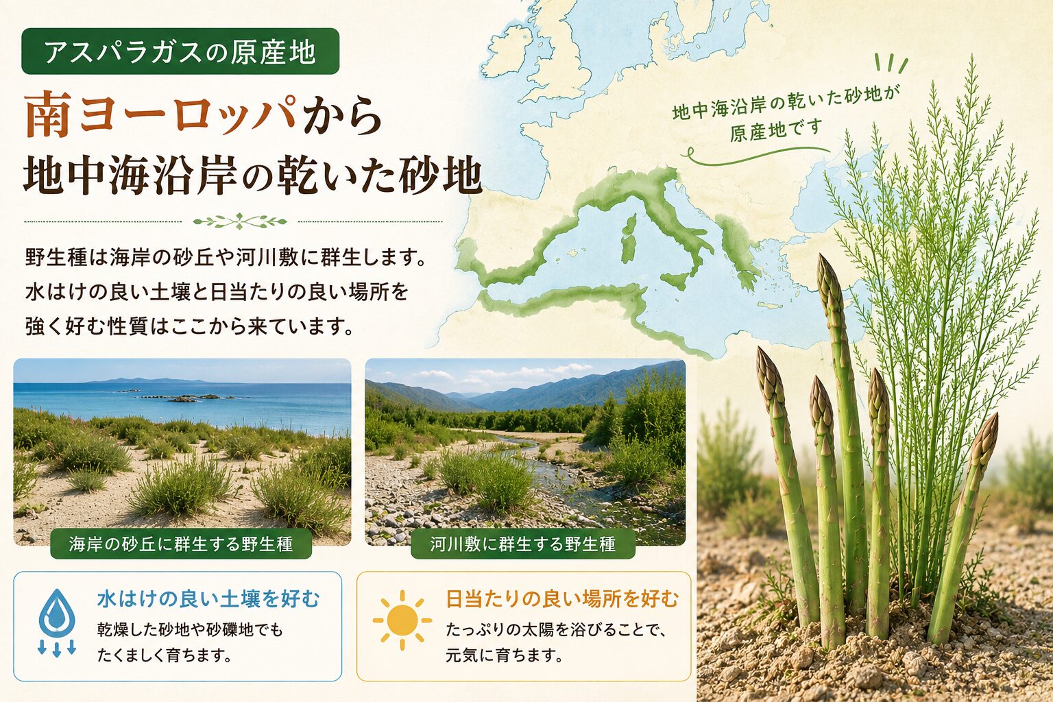 アスパラガスの原産地は南ヨーロッパから地中海沿岸の乾いた砂地。野生種は海岸の砂丘や河川敷に群生し、水はけの良い土壌と日当たりの良い場所を強く好む性質を示すインフォグラフィック