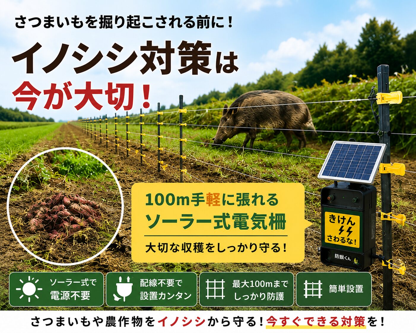 畑のイノシシ対策：100m手軽に張れるソーラー式電気柵。ソーラー式で電源不要、配線不要で設置カンタン、最大100mまでしっかり防護、簡単設置。野菜や農作物をイノシシから守るための今すぐできる対策