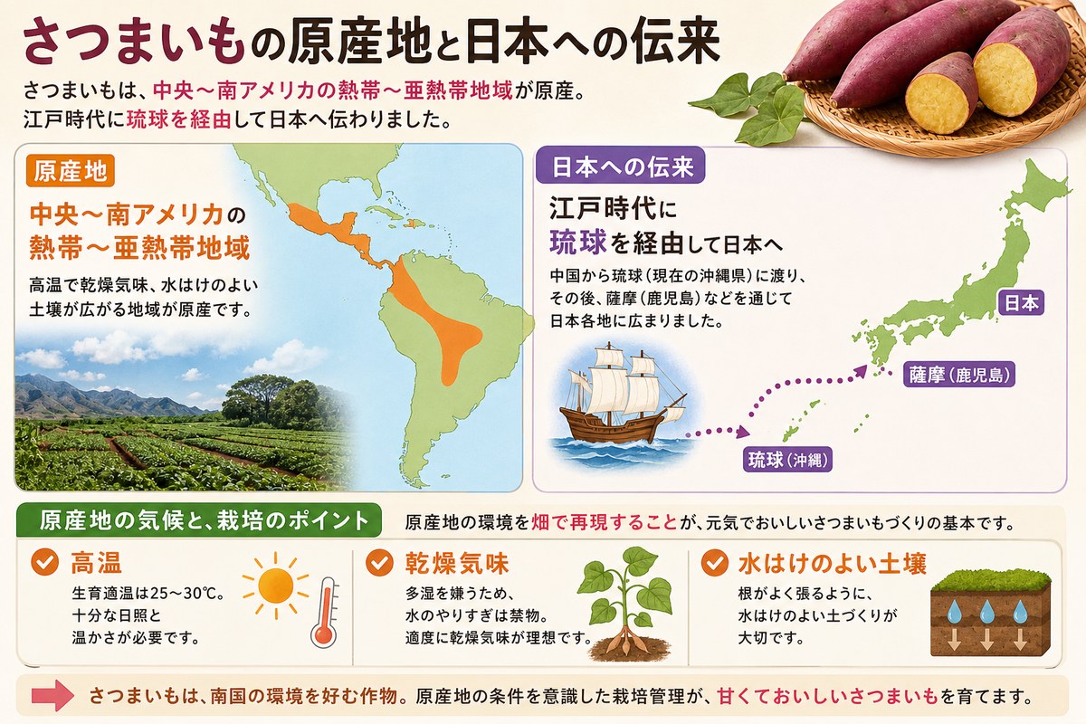 さつまいもの原産地（中央〜南アメリカ）と日本への伝来（琉球経由）