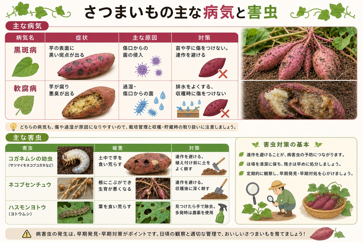 さつまいもの主な病気と害虫（黒斑病・軟腐病・コガネムシの幼虫・ネコブセンチュウ・ハスモンヨトウ）