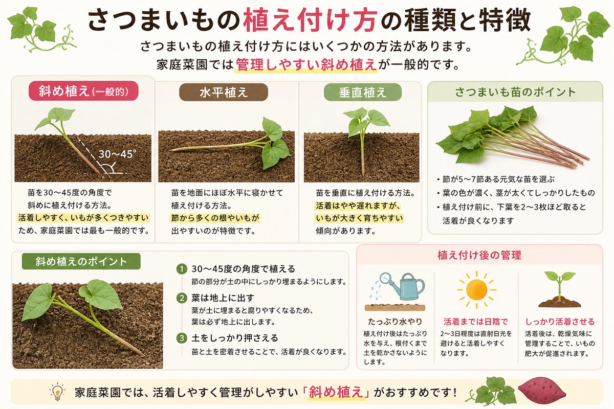 さつまいもの植え付け方の種類と特徴（斜め植え／水平植え／垂直植え）