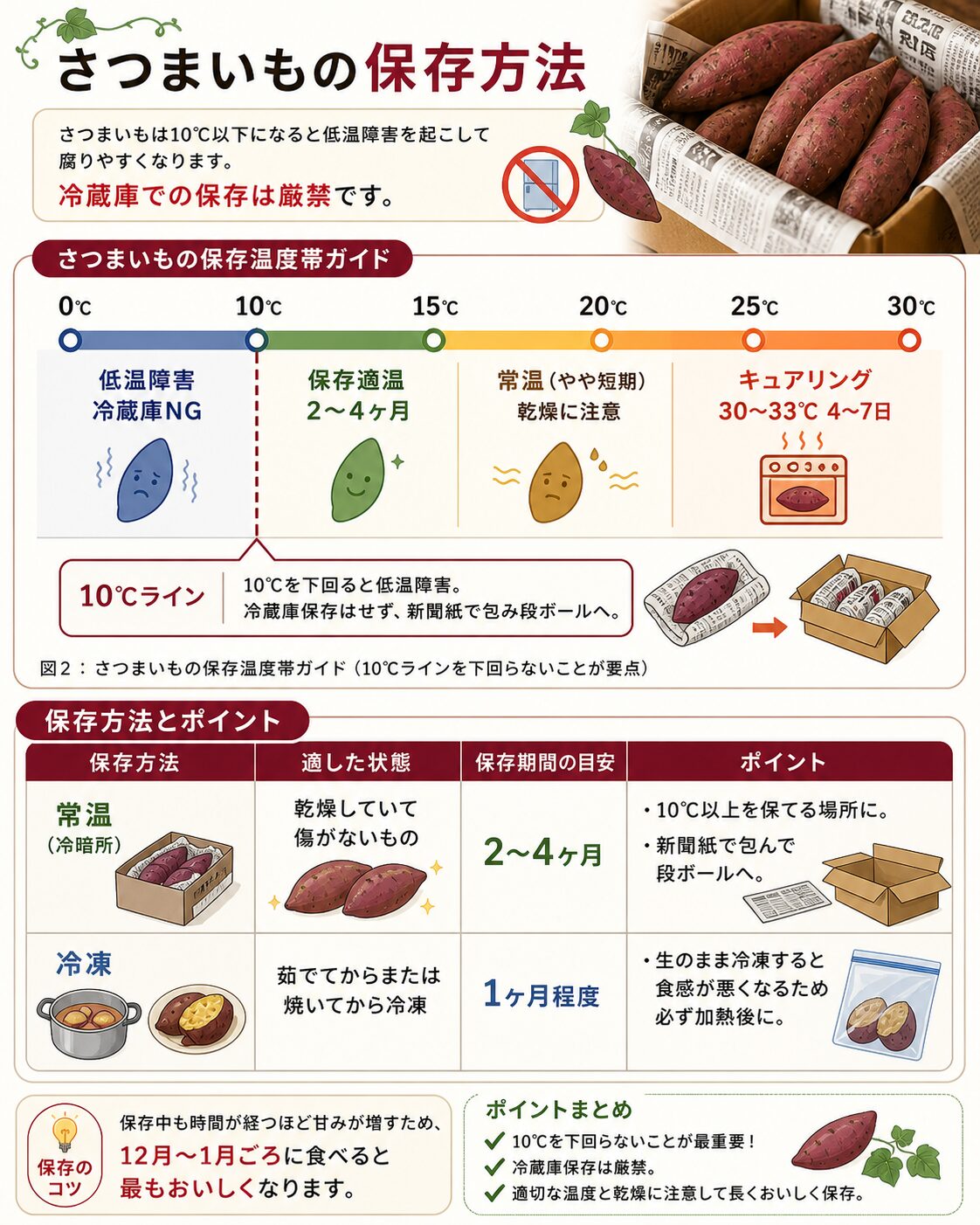 さつまいもの保存方法インフォグラフィック：保存温度帯ガイド（10℃ライン・低温障害域・保存適温・キュアリング域）と保存方法（常温・冷凍）の表、保存のコツ