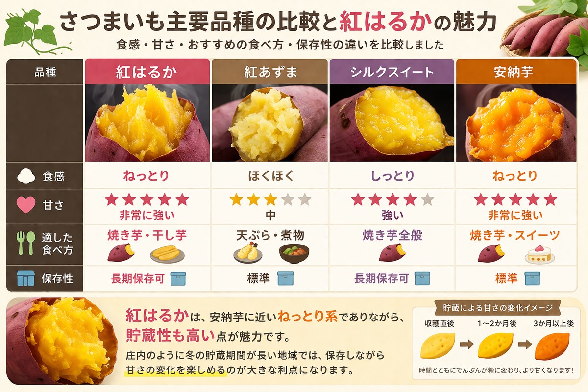 さつまいも主要品種の比較（紅はるか・紅あずま・シルクスイート・安納芋）
