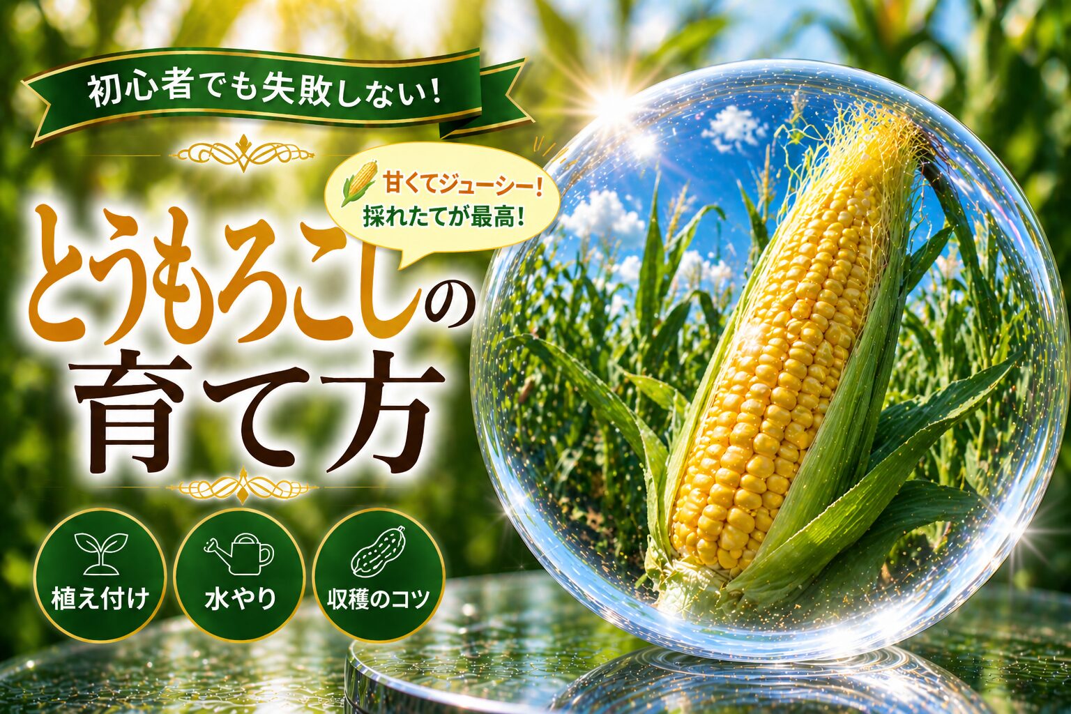 黄色いとうもろこし1本とトウモロコシ畑。タイトル「初心者でも失敗しない！とうもろこしの育て方」と「植え付け／水やり／収穫のコツ」のアイコン