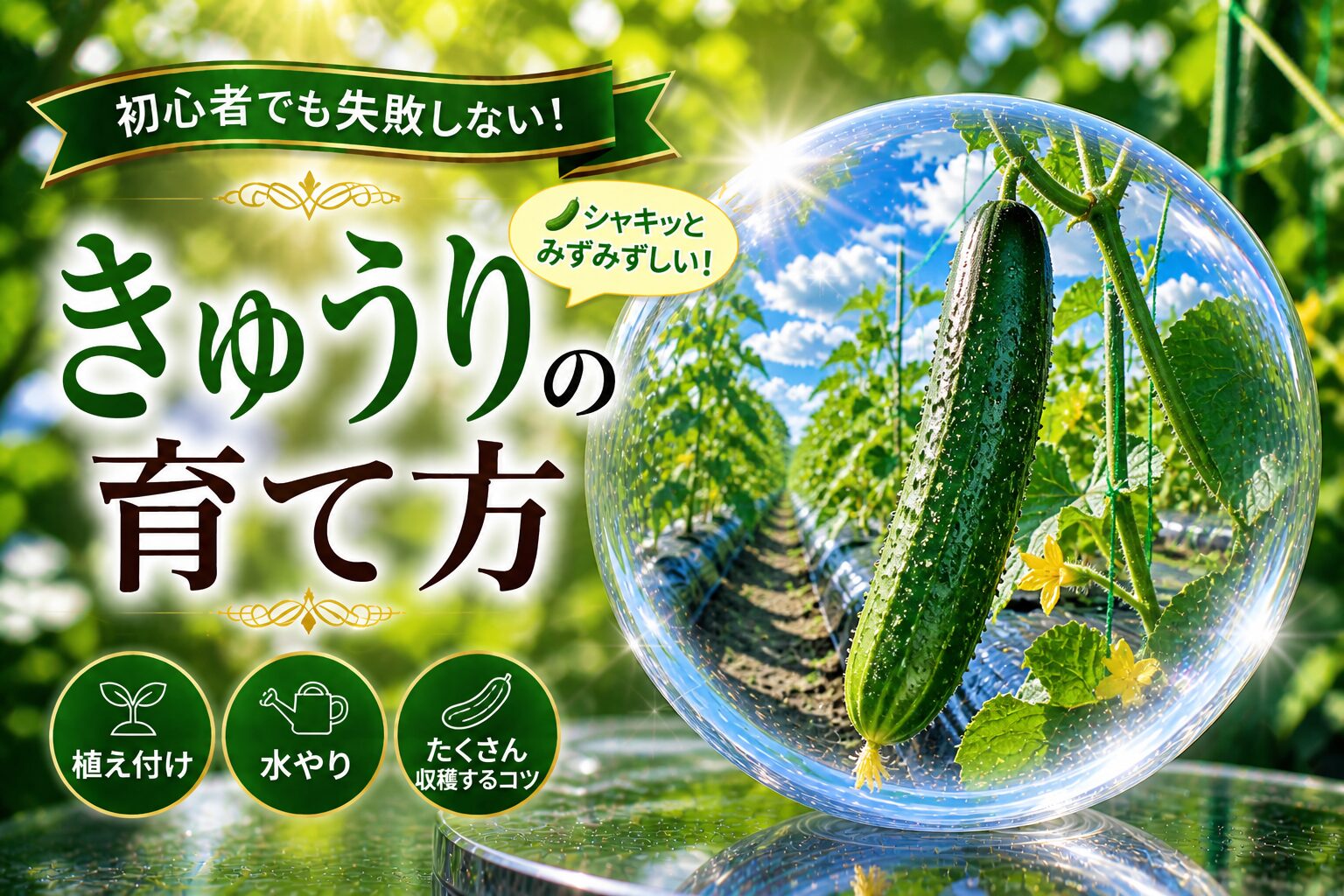 緑のきゅうり1本とキュウリのつる栽培風景。タイトル「初心者でも失敗しない！きゅうりの育て方」と「植え付け／水やり／たくさん収穫するコツ」のアイコン