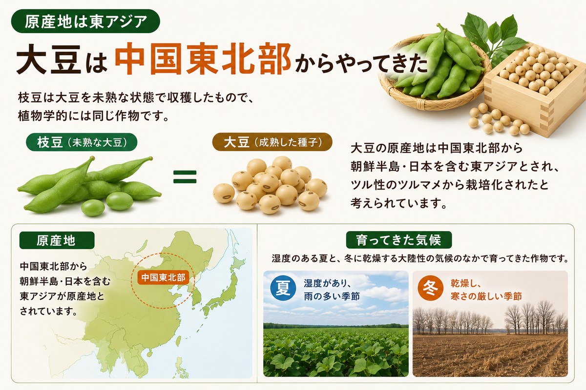 えだ豆（未熟な大豆）と大豆の関係、原産地は中国東北部から朝鮮半島・日本を含む東アジア、湿度のある夏と乾燥した冬の大陸性気候のなかで育ってきた作物であることを示す図解