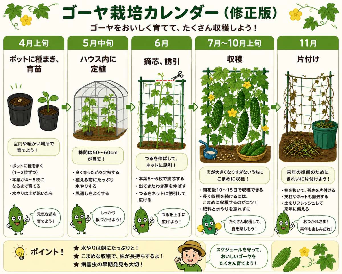 4月上旬の種まき・育苗、5月中旬のハウス内定植、6月の摘芯と誘引、7月〜10月上旬の収穫、11月の片付けまでを5フェーズでまとめたゴーヤー栽培カレンダー