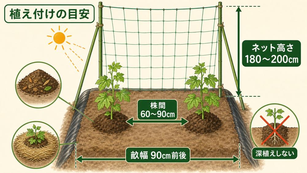 ゴーヤーの株間、畝幅、ネット高さ、深植えしない植え付け方の図解