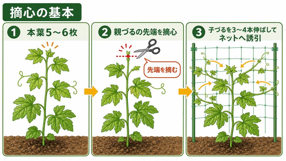本葉5〜6枚で親づるを摘心し、子づるをネットへ誘引する流れ