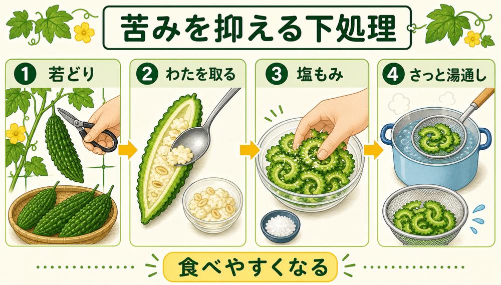 ゴーヤーを若どりし、わたを取り、塩もみして湯通しする下処理の図解