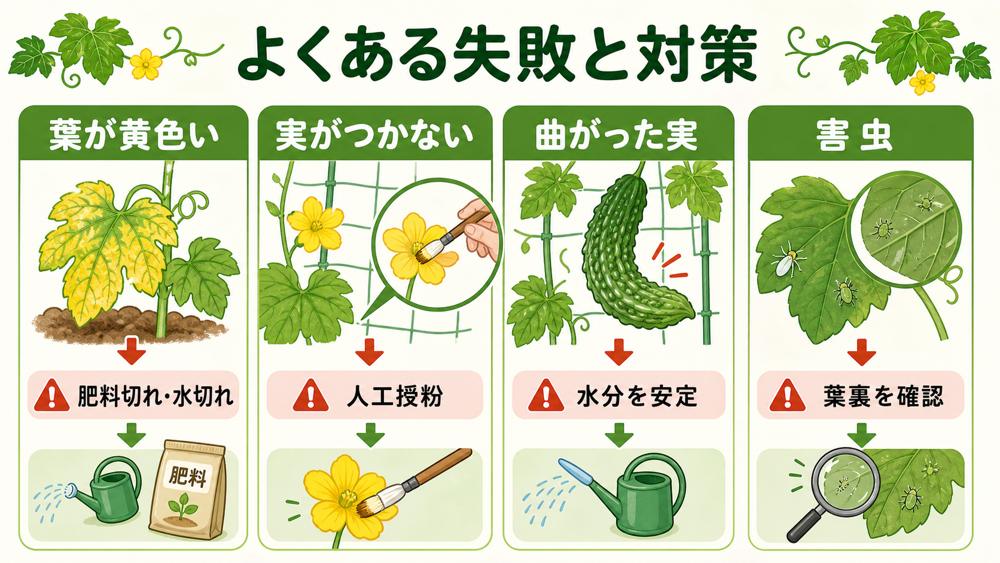 ゴーヤー栽培でよくある葉の黄化、実がつかない、曲がった実、害虫の対策図解