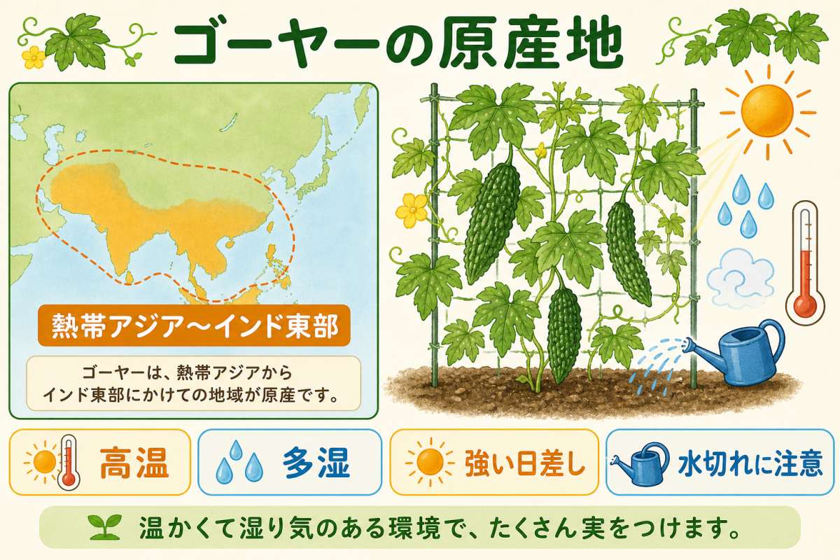 熱帯アジア〜インド東部を示す地図と、高温・多湿・強い日差し・水切れ注意の4タグで原産地と好む環境を表したインフォグラフィック
