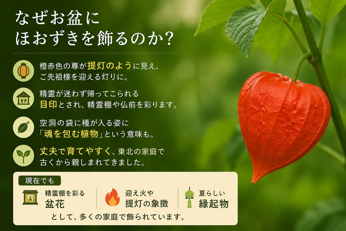 お盆にほおずきを飾る理由を図解したインフォグラフィック。橙赤色の萼が提灯のように見えご先祖様を迎える灯りとされること、精霊が帰ってくる目印になること、空洞の袋に種が入る姿から魂を包む植物とされることなどを説明