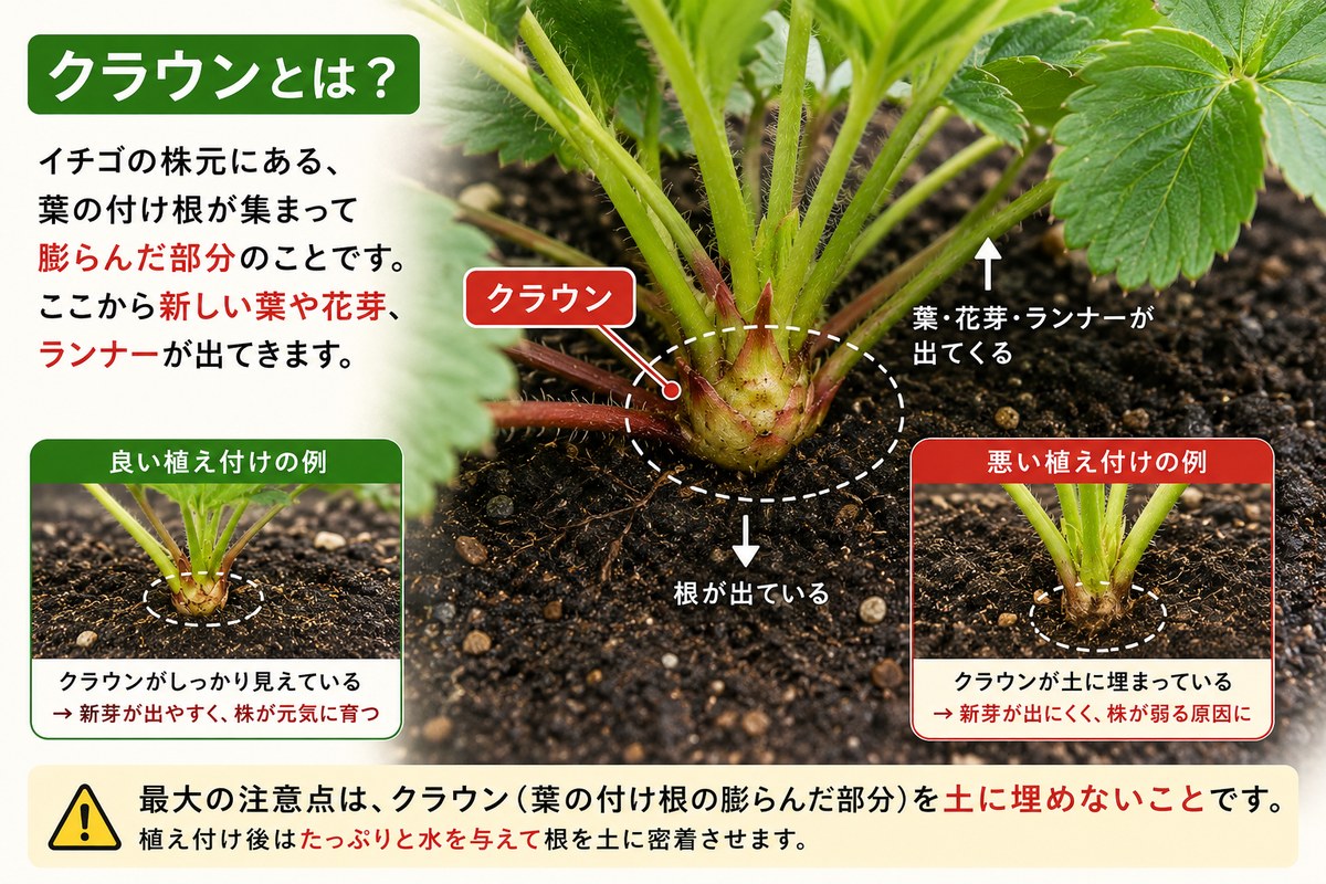 イチゴの植え付け|クラウンを土に埋めない良い例と悪い例の比較
