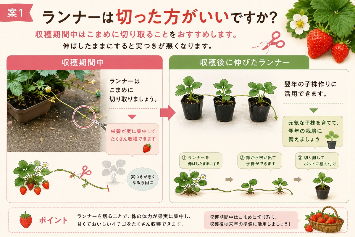 イチゴのランナー管理|収穫期間中の切除と収穫後の子株育成