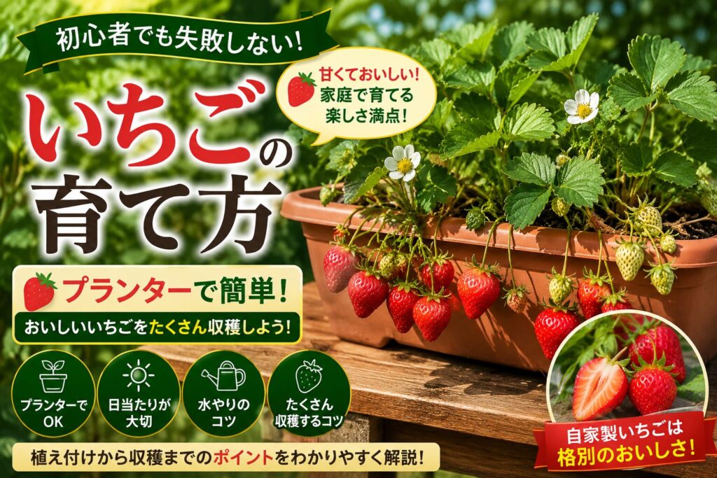 プランターで育つたくさんの赤いイチゴと『いちごの育て方』のタイトル