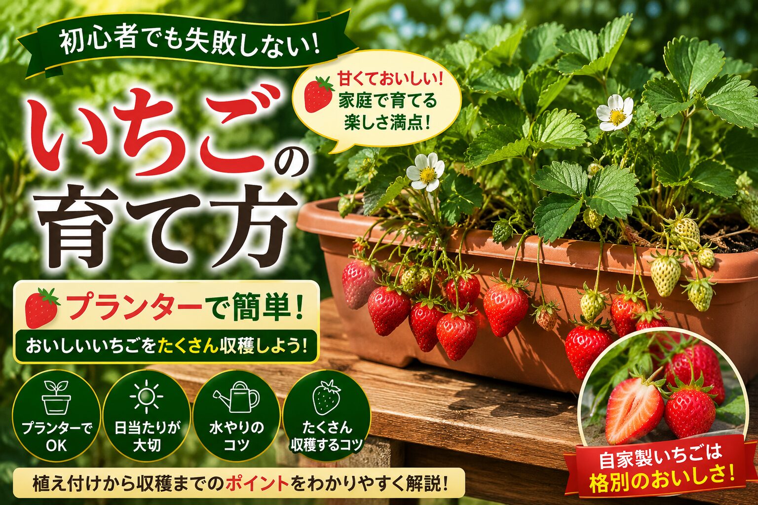 プランターで育つたくさんの赤いイチゴと『いちごの育て方』のタイトル