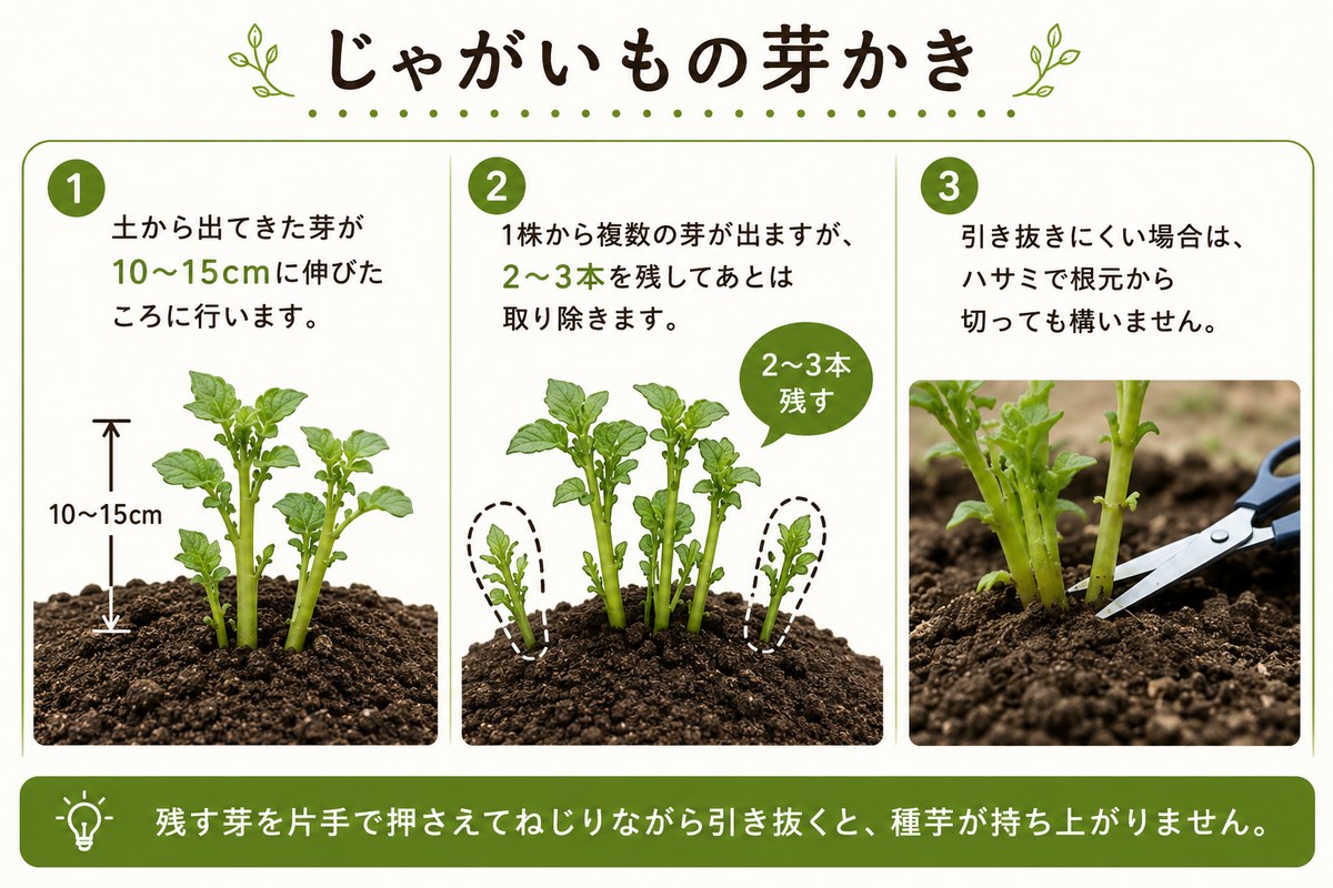 じゃがいもの芽かきの手順：土から出てきた芽が10〜15cmに伸びたころに行う、1株から複数出る芽は2〜3本を残してあとは取り除く、引き抜きにくい場合はハサミで根元から切る、残す芽を片手で押さえてねじりながら引き抜くと種芋が持ち上がらない