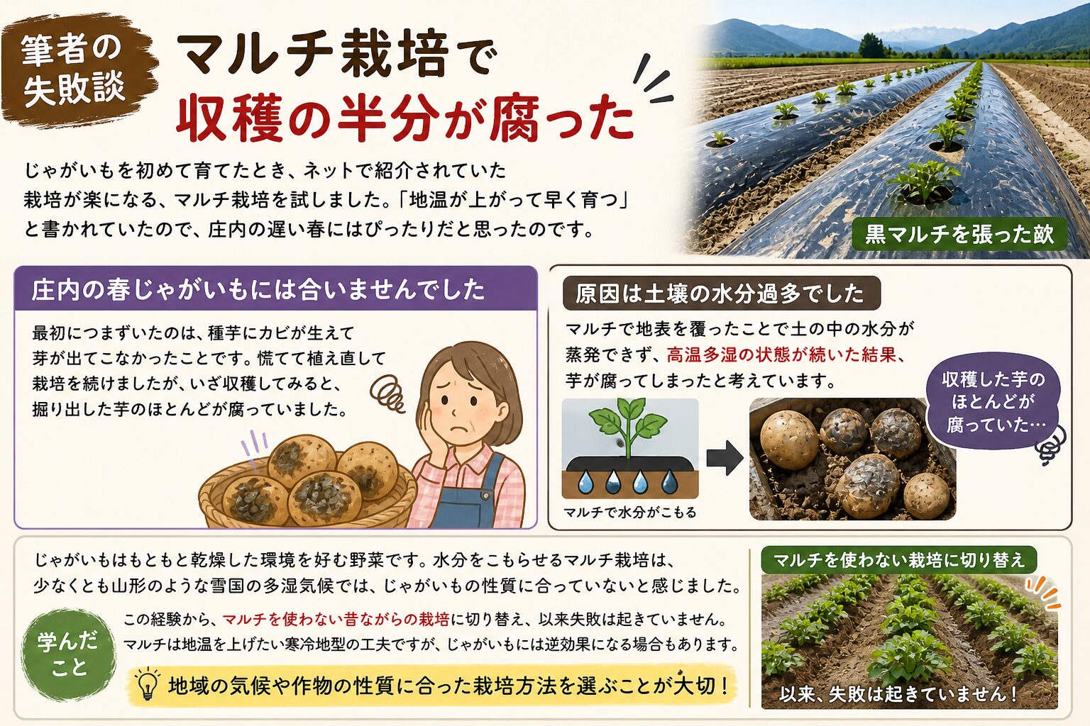 筆者の失敗談：庄内でじゃがいものマルチ栽培を試したところ、種芋にカビが生えて芽が出ず、収穫した芋のほとんどが腐った。原因は黒マルチによる土壌の水分過多と高温多湿。マルチを使わない栽培に切り替えて以来、失敗は起きていない。学んだこと：地域の気候や作物の性質に合った栽培方法を選ぶことが大切