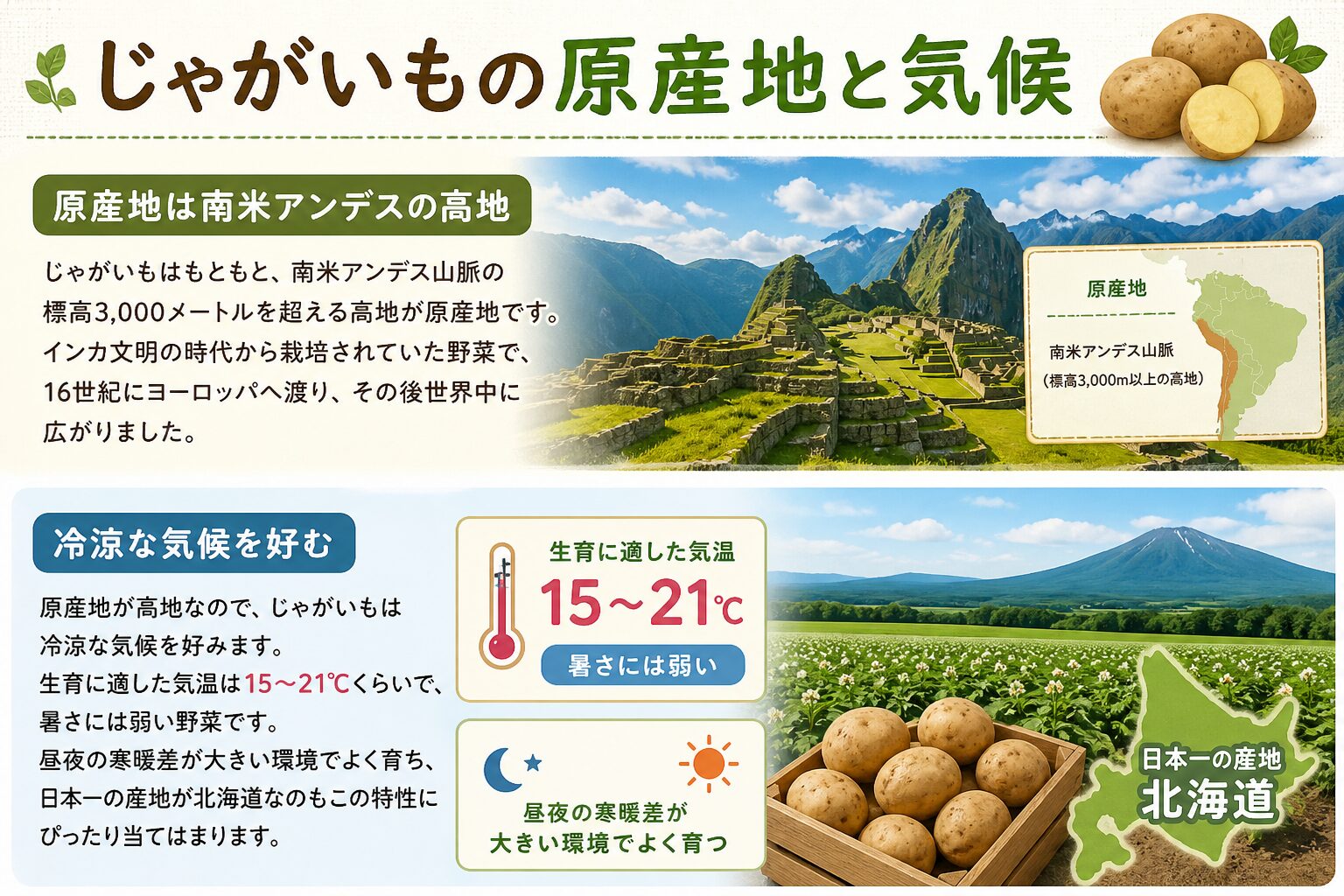 じゃがいもの原産地と気候：南米アンデス山脈の標高3,000mを超える高地が原産地、冷涼な気候を好む、生育適温15〜21℃で暑さに弱く昼夜の寒暖差が大きい環境でよく育つ、日本一の産地は北海道