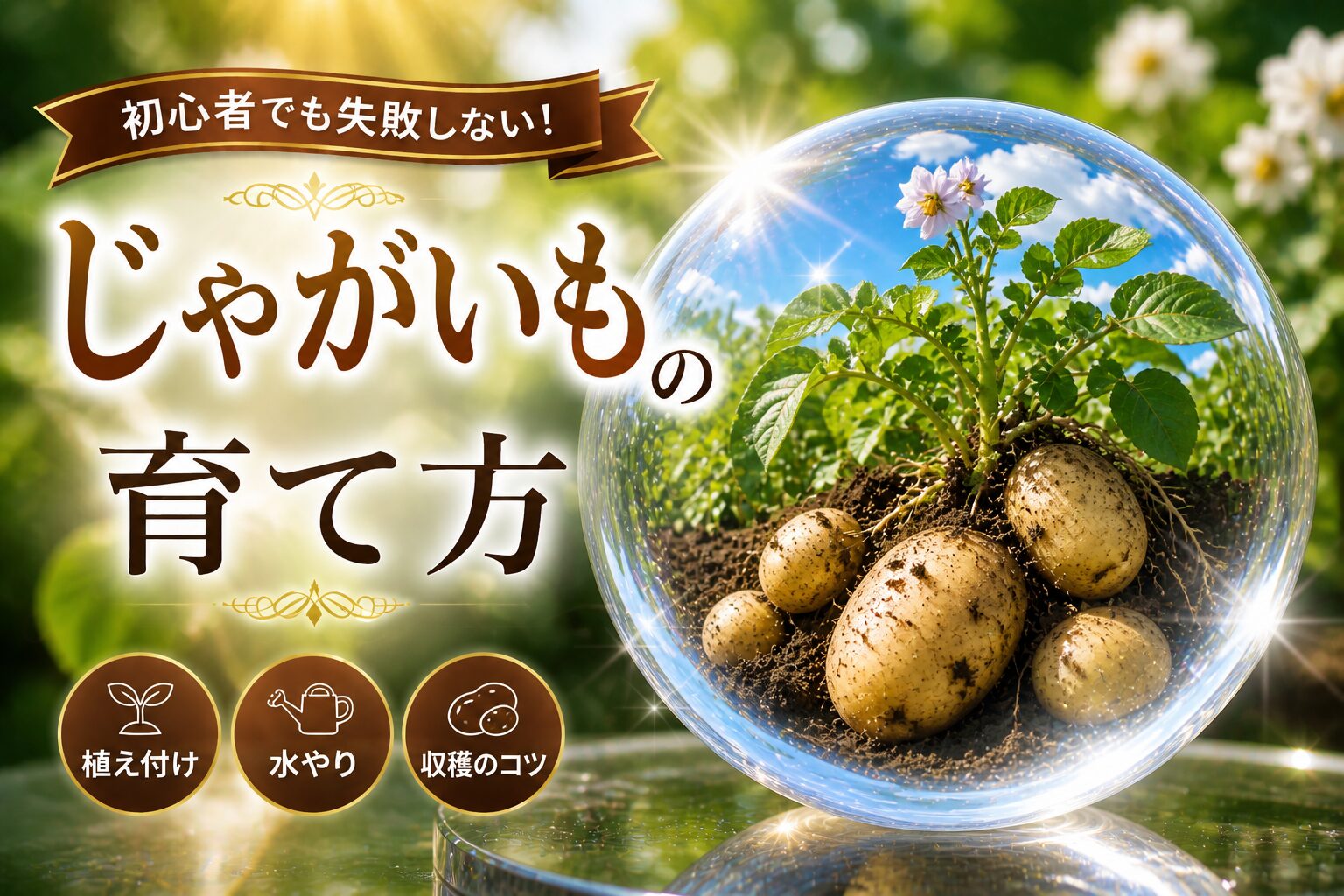 土から掘り出した複数のじゃがいもと葉・花。タイトル「初心者でも失敗しない！じゃがいもの育て方」と「植え付け／水やり／収穫のコツ」のアイコン