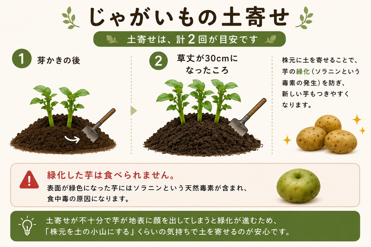 じゃがいもの土寄せの手順：芽かきの後と草丈が30cmになったころの計2回が目安、株元に土を寄せて芋の緑化（ソラニンという毒素の発生）を防ぎ新しい芋もつきやすくする、緑化した芋は食べられない、株元を土の小山にするくらいの気持ちで土を寄せると安心