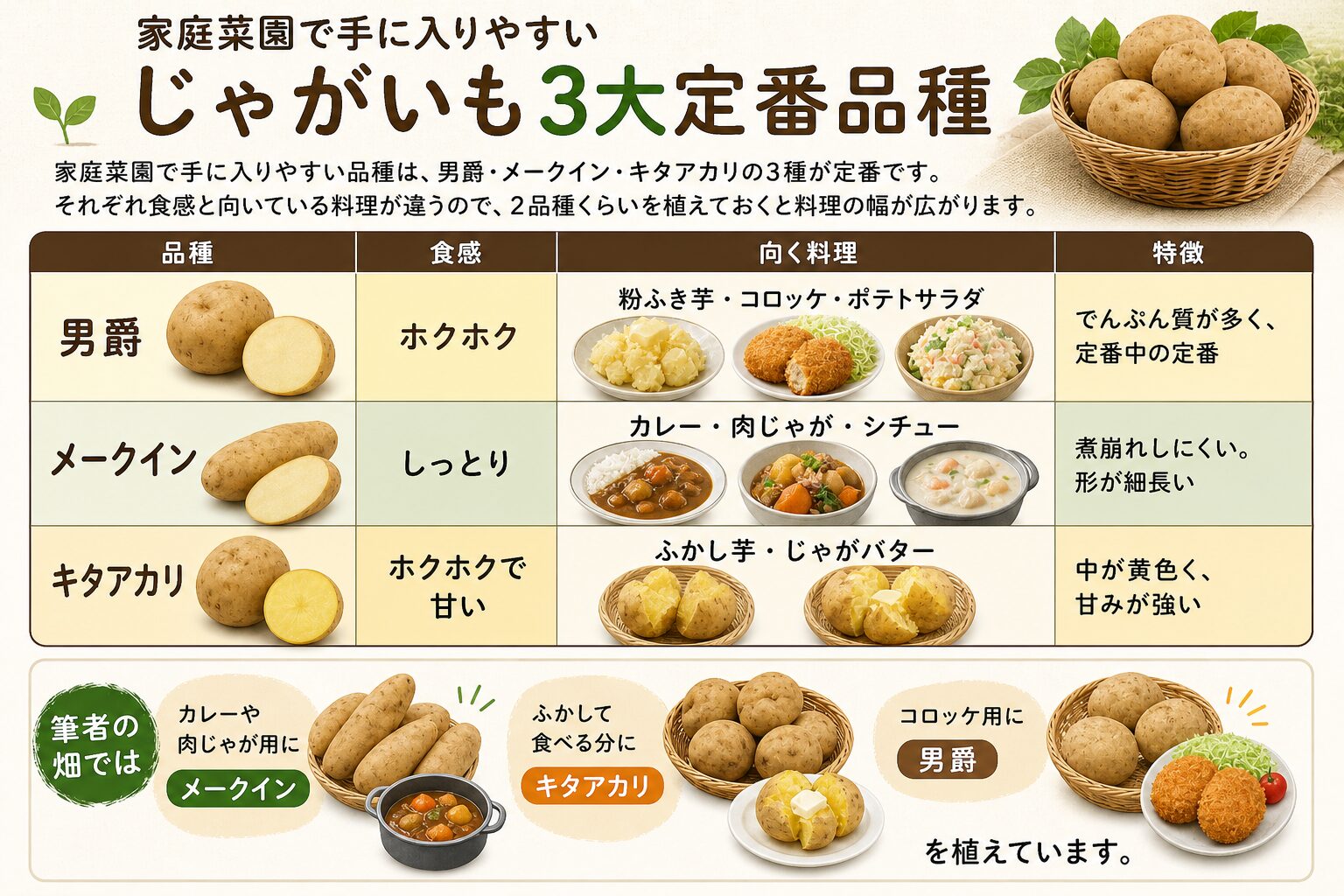 家庭菜園で手に入りやすいじゃがいも3大定番品種：男爵（ホクホク・粉ふき芋やコロッケ向き・でんぷん質が多く定番）、メークイン（しっとり・カレーや肉じゃが向き・煮崩れしにくく細長い）、キタアカリ（ホクホクで甘い・ふかし芋やじゃがバター向き・中が黄色い）。筆者の畑ではカレー用にメークイン、ふかし用にキタアカリ、コロッケ用に男爵を植えている
