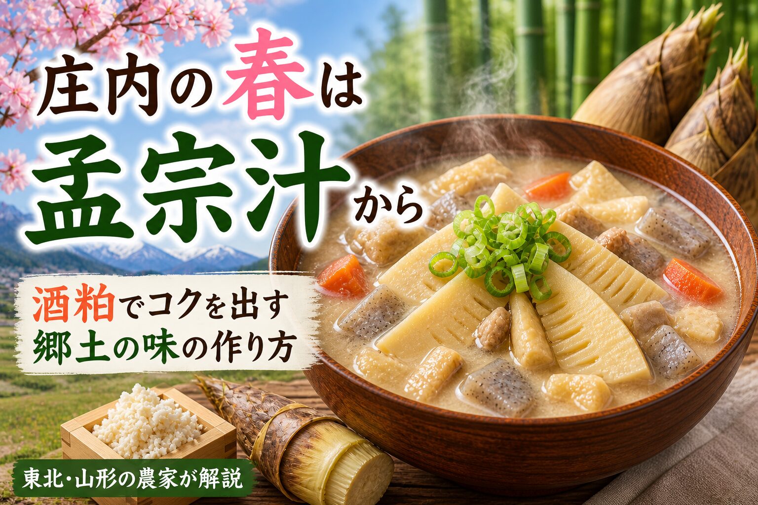 孟宗汁の椀と孟宗竹、酒粕、桜の花。タイトル「庄内の春は孟宗汁から」と「酒粕でコクを出す郷土の味の作り方」