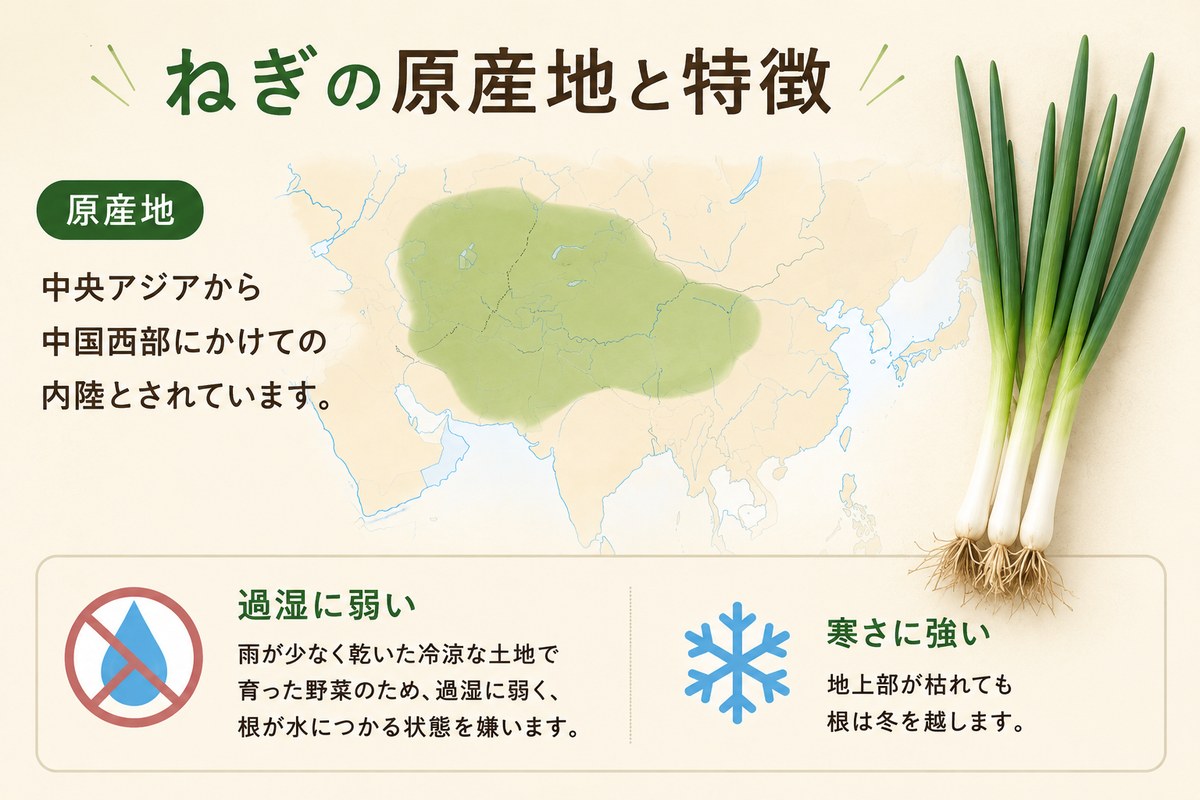 ねぎの原産地と特徴。中央アジアから中国西部の内陸が原産地で、過湿に弱く寒さに強い