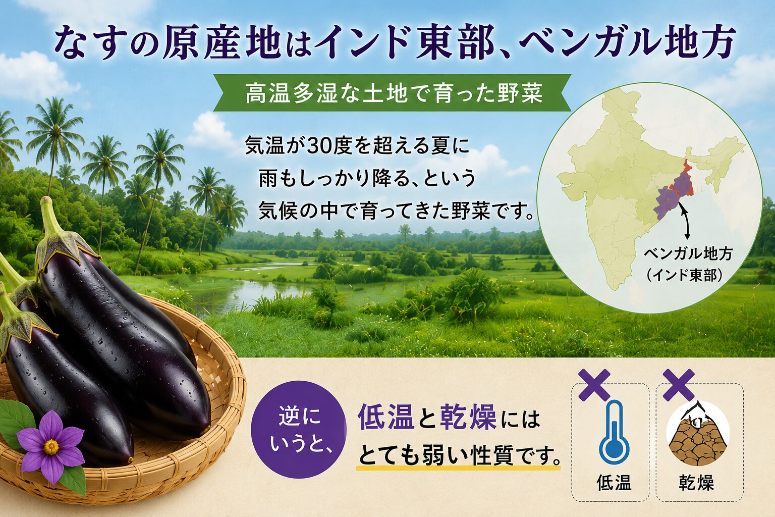 なすの原産地・インド東部ベンガル地方の高温多湿な気候を示すインフォグラフィック。椰子の木と熱帯の風景を背景に、ベンガル地方の地図と「低温・乾燥に弱い」の注意。