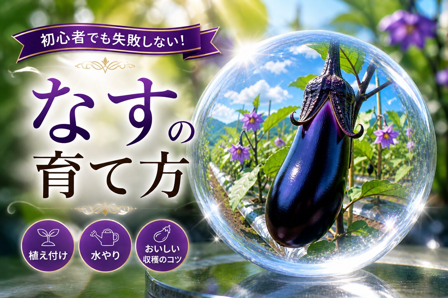 紫色のなすと畑の風景。タイトル「初心者でも失敗しない！なすの育て方」と「植え付け／水やり／おいしい収穫のコツ」のアイコン