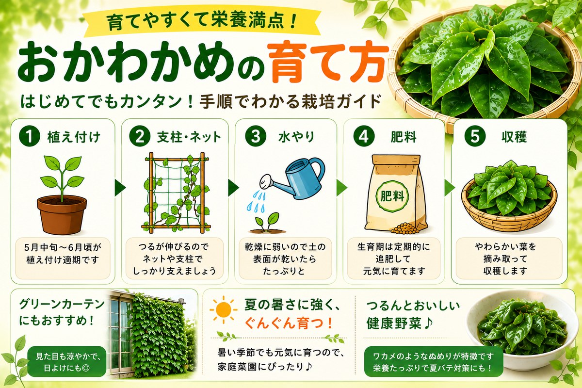 おかわかめの育て方のアイキャッチ。タイトルと、植え付け〜収穫の5ステップ、緑のカーテン・夏の暑さに強い・栄養たっぷりなどの要点をまとめた図