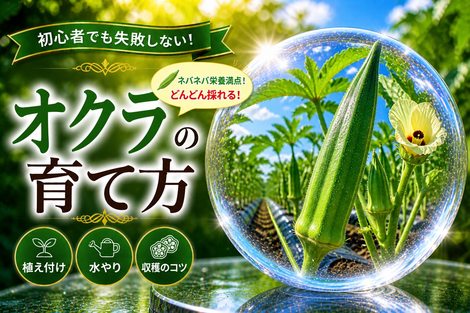 緑色のオクラと白い花、オクラ畑の風景。タイトル「初心者でも失敗しない！オクラの育て方」と「植え付け／水やり／収穫のコツ」のアイコン