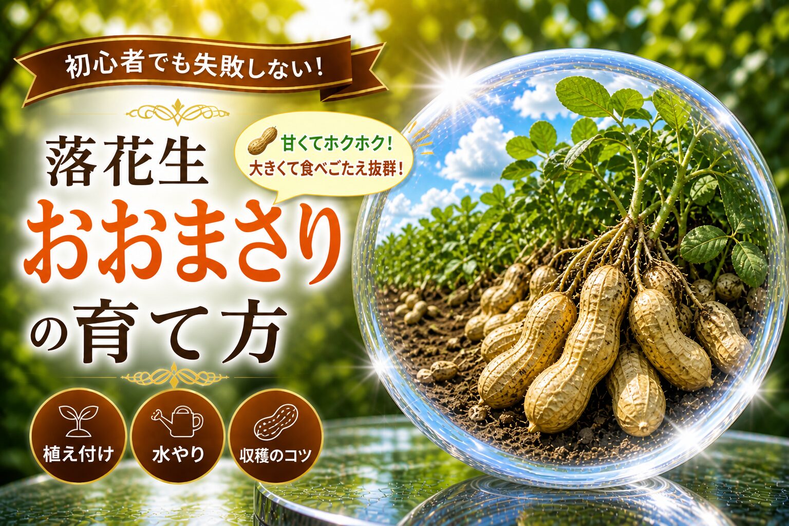 土から掘り出した落花生と畑の風景。タイトル「初心者でも失敗しない！落花生おおまさりの育て方」と「植え付け／水やり／収穫のコツ」のアイコン