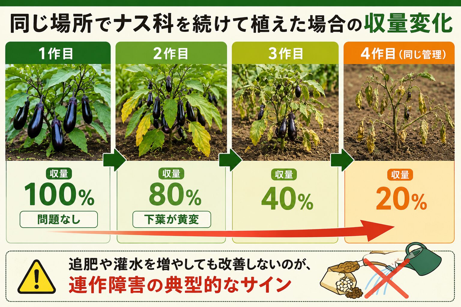 ナス科を同じ場所で4作続けて植えた場合の収量変化を示す図解。1作目は収量100％で問題なし、2作目は収量80％で下葉が黄変、3作目は収量40％、4作目は収量20％まで落ち込む。追肥や灌水を増やしても改善しないのが連作障害の典型的なサイン